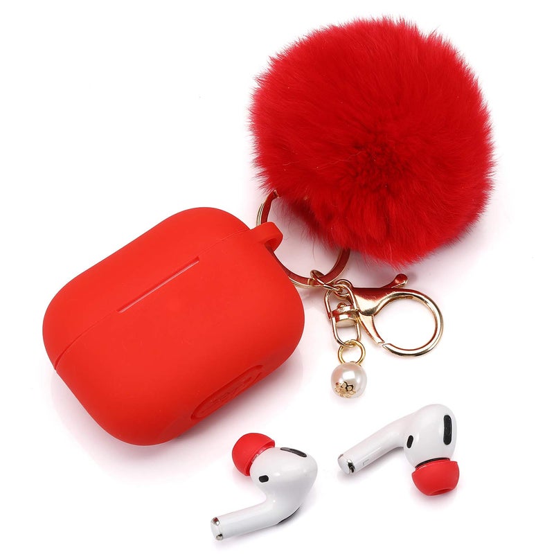Cypher.V Protective Case Cover for Airpods Pro Charging Case with Ear Tips 1 Pair Kit, Air Pods Silicone Case with Soft Cute Ball Pom Pom Keychain Kit Together with Ear Buds Tips 2&1 (X, Red) - Image 3